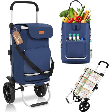 Sekey 3-in-1 Einkaufstrolley klappbar, Abnehmbare Tasche 42L, Alu Einkaufswagen mit Rollen, mit Kühlfach und Spanngurt, blau (1/5)