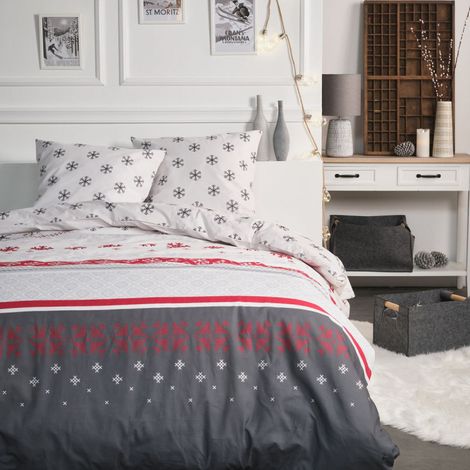 Parure de lit double en coton flanette imprimé Noël 2 - Gris - 220 x 240 cm - Livraison gratuite (1/3)