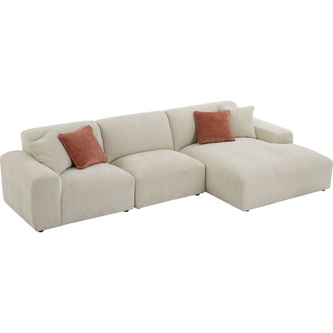 Vente-Unique – Canapé d'angle droit 6 places en velours côtelé beige – Garnissage en plumes et mousse – Déhoussable – Longueur 325 cm – Gamme Corner Prestige (1/5)