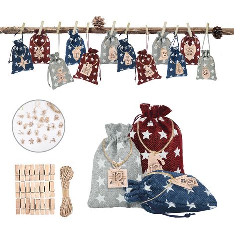 Sacs Cadeaux Calendrier de l'Avent DIY - 24 Pochettes à Cordelette pour Décorations de Noël avec Planche en Bois (1/5)