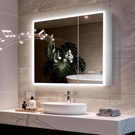 Armoire Bluetooth de Salle de Bain avec Miroir: Luminosité Réglable, 3 Lumière Couleurs, Fonction Mémoire, Éclairage LED, Étagères Réglables, Installation Cachée, Meuble Pharmacie Mural 80x70cm (1/5)