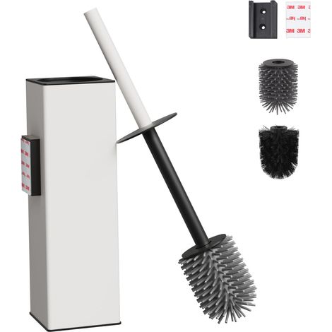 Brosse WC murale blanche mate, support de brosse WC sans perçage en métal avec 2 têtes de brosse, brosse WC en silicone carrée (1/5)