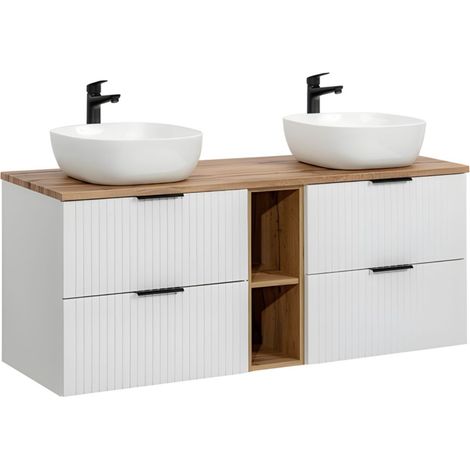Badezimmer-Set NOXERA 140 cm – Mattweiß und Wotan-Eiche – 2 Aufsatzwaschbecken und offene Fächer