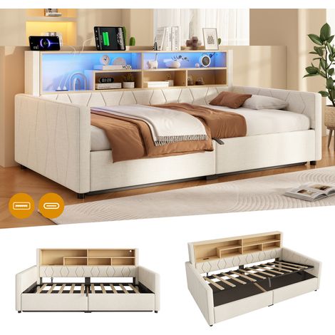 Cadre de lit - Méridienne, 90 x 200 cm, suspension hydraulique, prise électrique, port USB, éclairage LED, sans matelas, lin, beige (1/5)