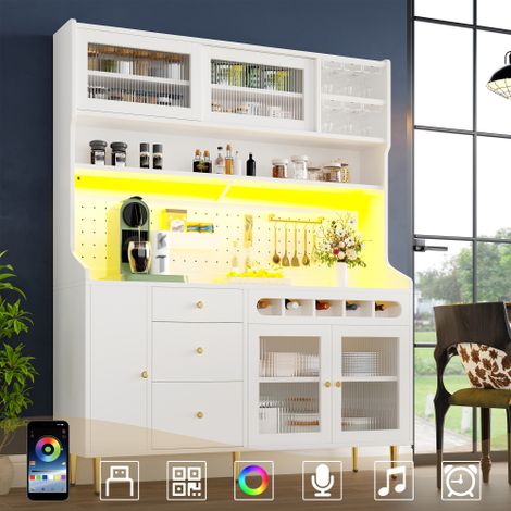 Armadi alti per soggiorno, mobile cucina, mobile sala da pranzo, mobile soggiorno con ripiani regolabili, armadi con illuminazione a LED, cassetto con portabottiglie, 145×39×171 cm, bianco (1/5)