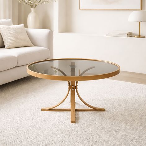 Table basse ronde 80x80x47 cm en verre fumé gris et bois naturel (1/5)