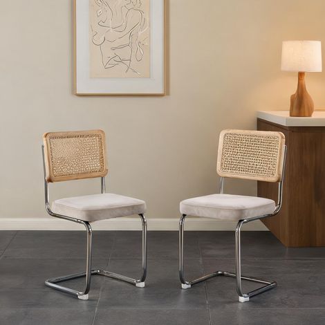 Chaises de salle à manger cannage rotin 2 pièces beige velours (1/5)