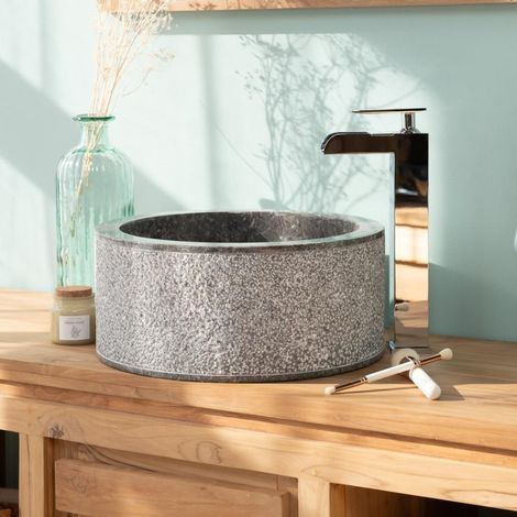 Wanda Collection – Vasque à poser 35cm en marbre gris taupe – Forme arrondie – Hauteur 15cm – Perçage aux normes européennes – Pour salle de bain moderne (1/5)