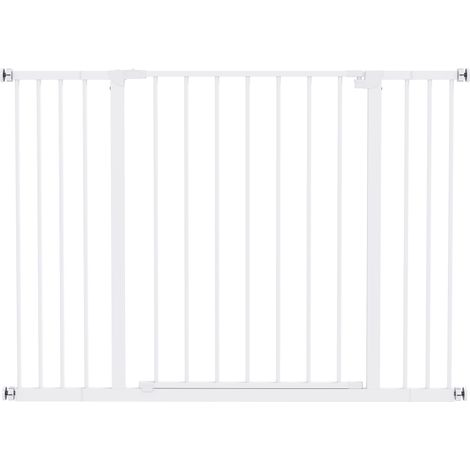 PawHut Türschutzgitter Treppenschutzgitter mit 10/15 cm Verlängerung Türgitter ohne Bohren Treppengitter für Breiten 76-82/86-97/101-107 cm Einhändiges Öffnen Stahl Weiß