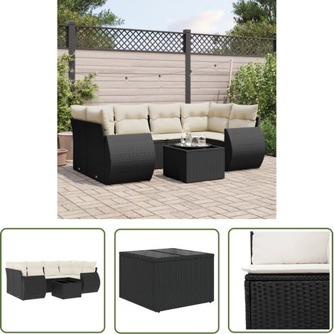 The Living Store 7-tlg. Garten-Sofagarnitur mit Kissen Schwarz Poly Rattan - Gartenmöbel Set - Esszimmergarnitur - Outdoor Möbel - Lounge Garnitur - Rattan Gartenmöbel (1/5)