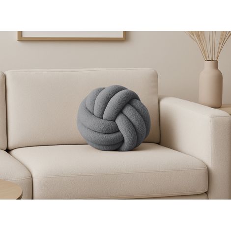Coussin rond décoratif boule de nœud en effet peau de mouton gris (1/2)