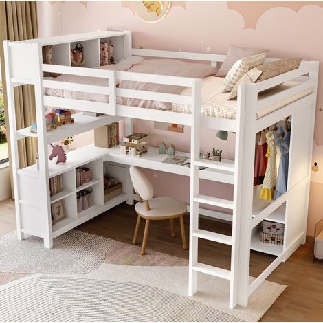 Lit mezzanine 140x200 cm en pin blanc avec bureau, étagères et armoire, sans matelas