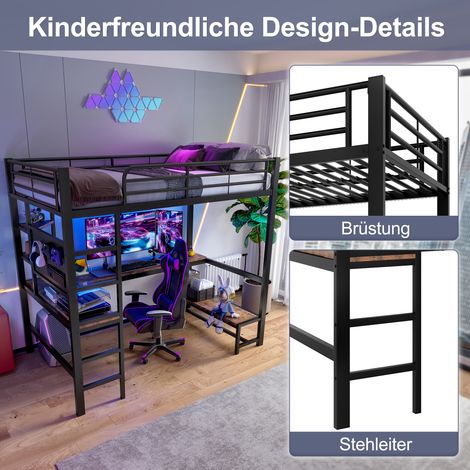 Lit mezzanine 90x200 cm, cadre métallique noir, espace bureau intégré, garde-corps, échelle, étagères, ports USB-C, éclairage LED, panneau ajouré, sans matelas (1/4)