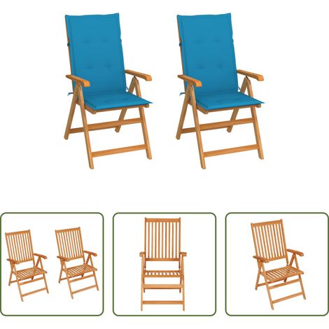 Teakholz - Gartenstühle 2 Stk. mit Blauen Kissen Massivholz Teak (1/5)