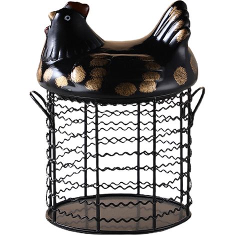 Eieraufbewahrungskorb aus Keramik – Rustikaler Eierbecher aus Keramik mit zwei Griffen – Metallkorb 15 x 14 x 9 cm, Weiß, Rosa, Gelb, Blau, Schwarz, 850 g (1/5)