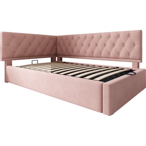 Letto divano imbottito 90x200 cm con contenitore idraulico, velluto rosa, senza materasso (1/5)