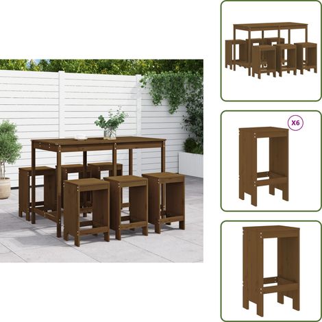 7-tlg. Gartenbar-Set Honigbraun Massivholz Kiefer - Gartentisch - Barhocker - Gartenmöbel - Outdoor Möbel - Holzmöbel