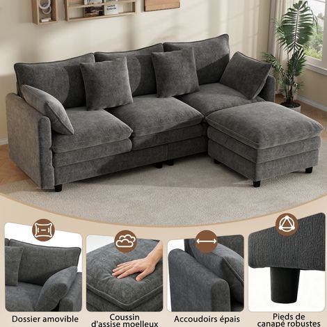 Canapé d’angle en L 3 places avec chaise longue réglable, tissu chenille gris, 212×150×90 cm (1/5)