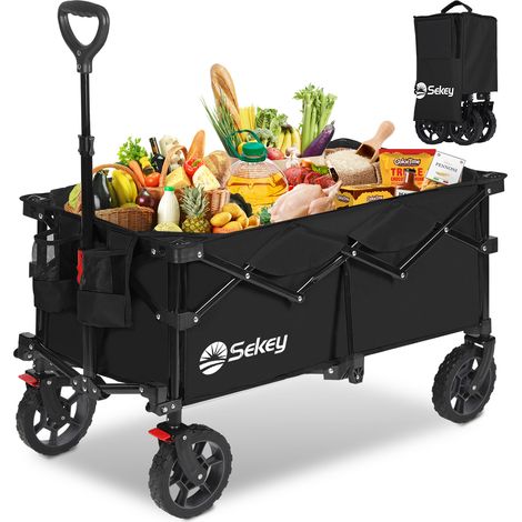Sekey 150KG Bollerwagen Faltbar Handwagen mit Bremsen und normalen Reifen, 4-fach zusammenklappbares Design, Schwarz