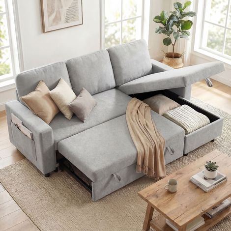 L-Shape Sofa Bed, Storage, 200 x 126.5 x 85 cm, Light Grey (1/5)