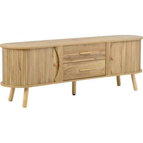 Meuble TV en forme de pois avec effet de rainures verticales, 2 portes coulissantes + 2 tiroirs, pieds en bois massif, aspect bois, MDF, style scandinave moderne (1/5)