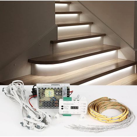 Éclairage LED pour marche d'escalier, 12 V/24 V, 2700 K/4000 K, 16 étapes, commande d'éclairage dynamique d'escalier, kit complet avec bloc d'alimentation 100 W et bande lumineuse (1/5)