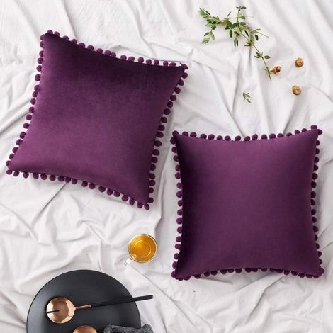Housse De Coussin Velours - 45 x 45 cm - Avec Pompons - Pour Canapé Chambre Voiture - Lot De 2 (1/5)