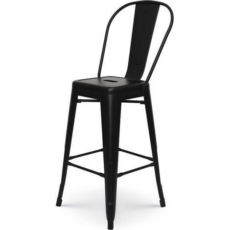 Barhocker aus mattschwarzem Metall im Industriestil - Hohe Rückenlehne - Höhe 66 cm