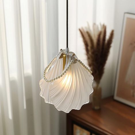 Lampadario rustico a conchiglia per la camera da letto, lampada a sospensione francese con catena regolabile, plafoniera a 1 luce per sala da pranzo, soggiorno, camera delle ragazze, dimmerabile, 22 x (1/5)