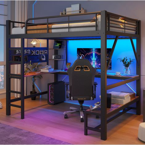 Lit mezzanine 160/200 cm noir en métal avec bureau, LED et ports USB/Type-C (1/5)