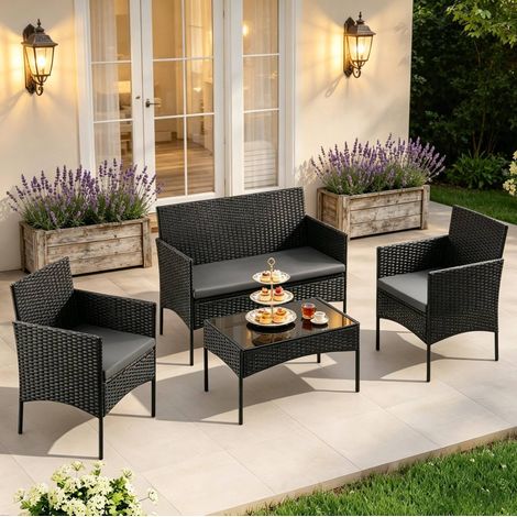 Set da giardino per 4 persone 99.5x23x52 cm, con divano a 2 posti, tavolino in vetro, rattan, nero (1/5)