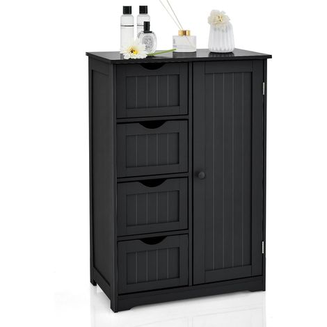 COSTWAY Armario de Baño con 4 Cajones y 1 Puerta, Cómoda de Baño, Mueble Baño Auxiliar con Cajones y Estante Ajustable, Armario de Madera para la Sala de Estar Baño Dormitorio, 56x30x 82cm (Negro) (1/5)