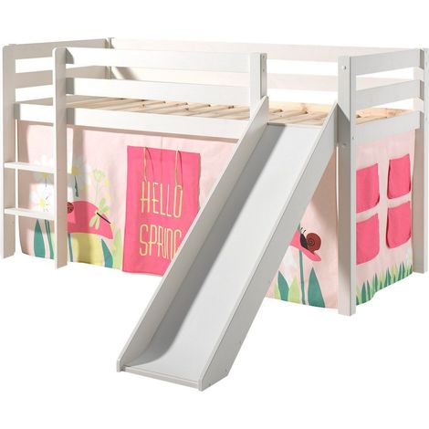 Lit surélevé 90x200 cm avec toboggan blanc décor nature rose - PINO (1/3)