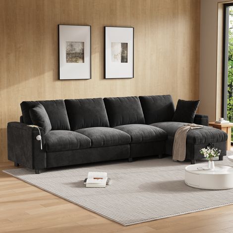 Canapé chenille d’angle L,accoudoirs avec rangement,table pliante,2 porte-gobelets,USB et Type-C,réversible,gris (1/5)