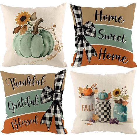 Fundas decorativas de cojín con diseño de calabaza otoñal, 45 x 45 cm, juego de 4. Decoración de otoño y Acción de Gracias, para uso exterior. (1/4)
