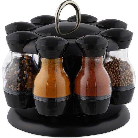 Carrousel à épices, 8 pots en plastique, présentoir rond, rotatif 360°, HxD 17x19 cm, noir transparent (1/5)