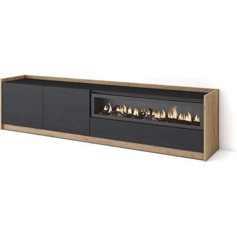 Skraut Home - Mueble TV, Televisión, 207x37x50cm, Para TV hasta 80", Chimenea eléctrica, Negro y roble (1/5)