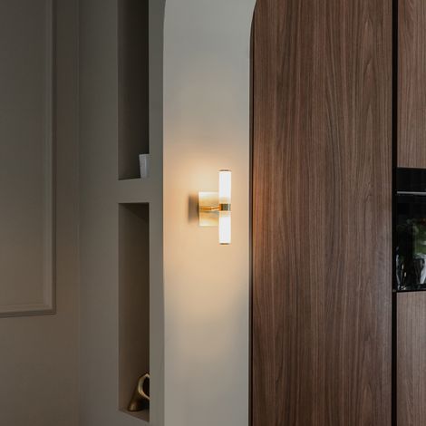 Goldene Badezimmer-Wandleuchte IP44, 2-flammig, G9 – Stahl – Länge 22,3 cm – Spritzwassergeschützt (1/4)