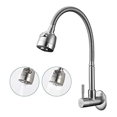 Rubinetto da cucina a parete girevole a 180° con 2 funzioni, miscelatore monocomando per lavello da cucina con acqua fredda su superficie spazzolata, beccuccio a molla.