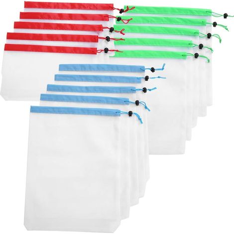 15 Pieces Reusable Drawstring Mesh Bags, 3 Sizes, Reusable Food Storage Bags, Washable Drawstring Bags for Fruits and Vegetables, Toy Fruit Vegetable Bags (1/5)