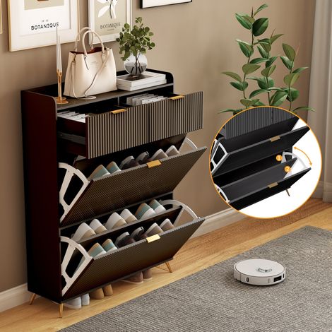 Scarpiera 80x24x110 cm, con 2 cassetti, ante a righe verticali, maniglie dorate e piedini, stile scandinavo - Nero