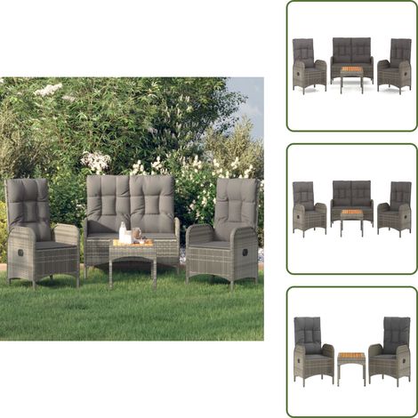 The Living Store Ensemble à manger jardin 4pcs et coussins Gris Résine tressée - Banc de jardin (1/5)