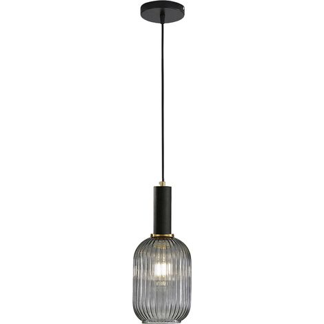 Suspension Moderne en Verre Strié avec Douille E27, Luminaire Suspendu pour Îlot de Cuisine, Salle à Manger, Chambre (Gris, 14cm) (1/5)