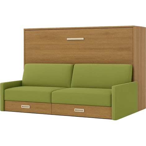 Les Tendances – Lit escamotable horizontal avec canapé – 120x190 cm – Tissu italien vert pistache – Structure en chêne clair – Système assisté par vérins à gaz (1/5)