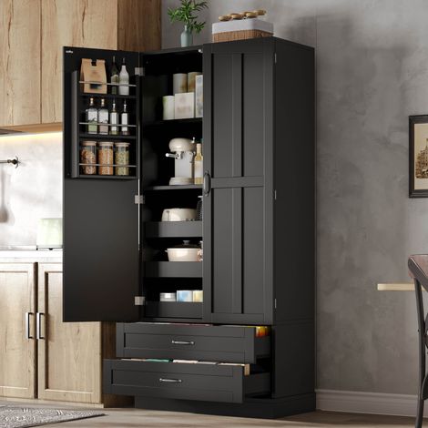Mueble de cocina de 80x37x180 cm con 3 estantes deslizantes, 2 cajones y puerta de almacenamiento en MDF - negro (1/5)