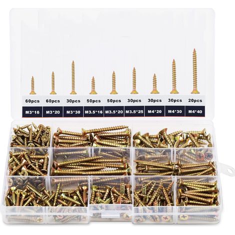 Vis à Bois Autotaraudeuses, Lot de 360 Vis à Bois Tête Fraisée Universelles, M3/M3.5/M4, 16mm-40mm, avec Boîte de Rangement en PP (1/5)