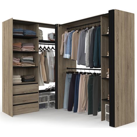Dressing extensible d'angle MARLON 200 x 150 x 180 cm hêtre avec penderies + tiroirs + étagères + rideaux noirs