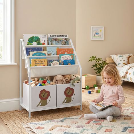 Bibliothèque Enfants 4 Niveaux, Étagère à Livres, Porte-Livres, Tiroir Tissu, Blanc (1/5)