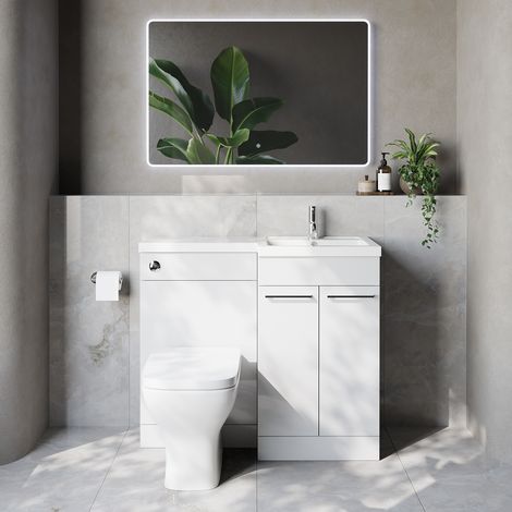 Napoli 390 Gloss White 1000mm 2 Door Vanity Unit Toilet Suite with Right Hand Square Lucia Basin - 1000mm - Chrome 160mm HandleWith Kingston Toilet Pan and Seat