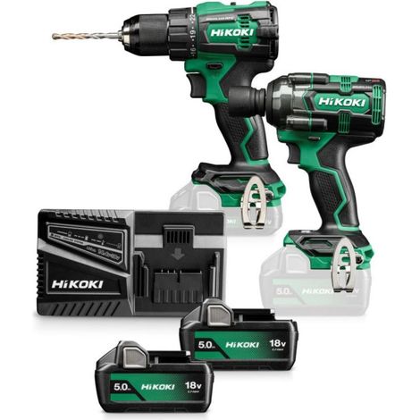 Hikoki – Pack de 2 outils électroportatifs 18V avec 2 batteries 5Ah – Perceuse DV18DE + Boulonneuse WR18DE – Coffret HSC III inclus